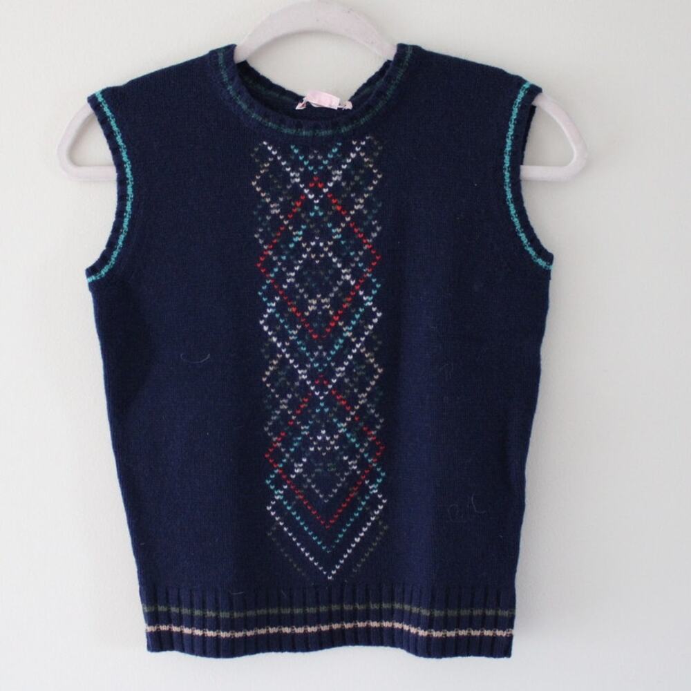 NWT Bonpoint Girls Sleeveless Tank Sweater‎ Vest Wool Blue Argyle Knit 12